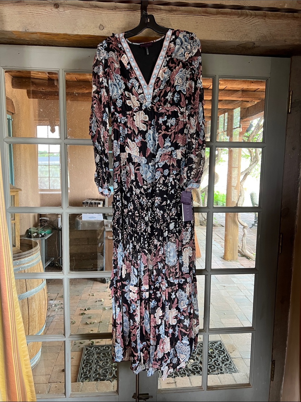 Hale Bob Black Maxi Dress with Pink & Blue Floral Print